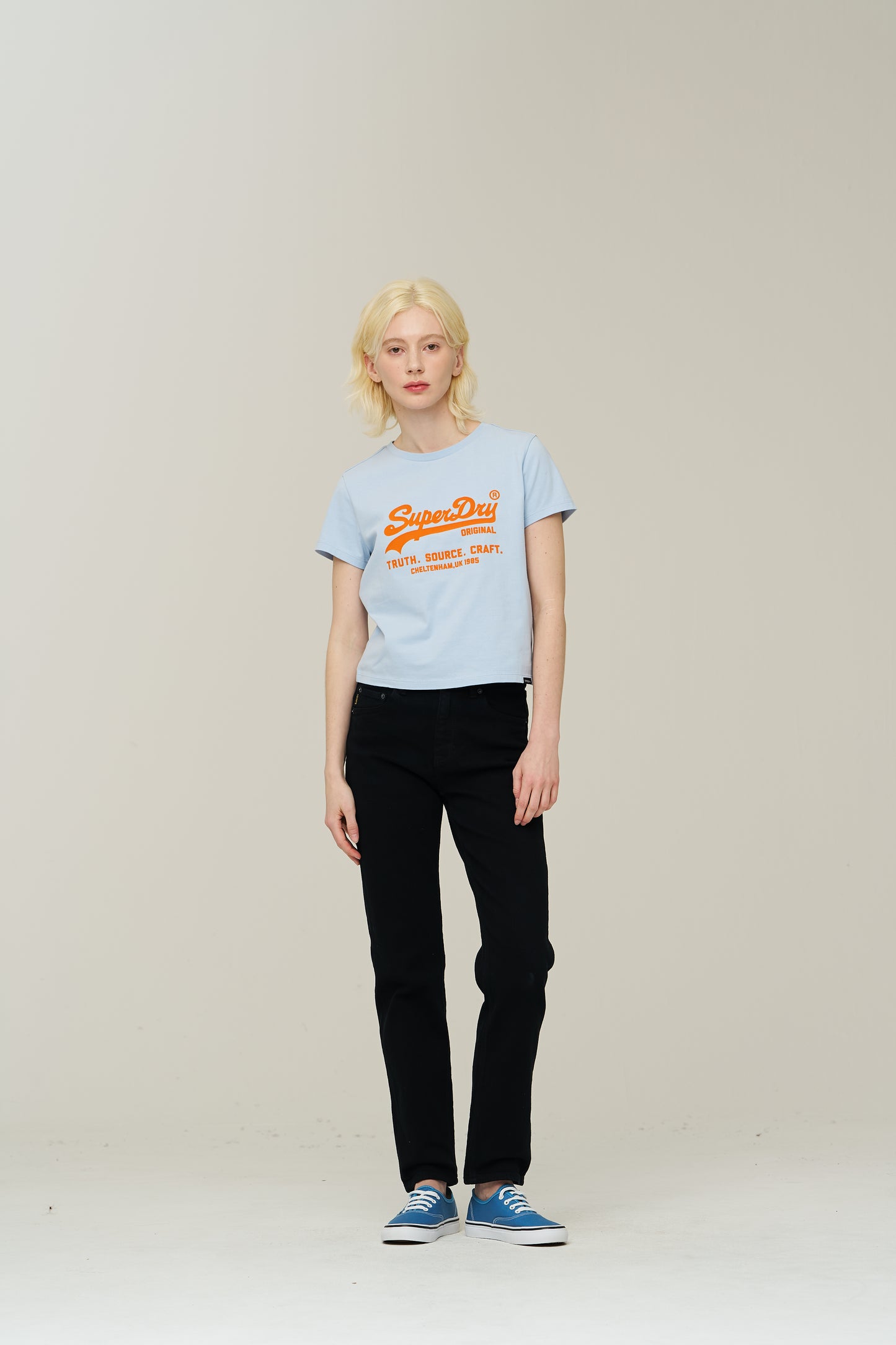 W Vintage Logo Crop T-Shirt - Grey/Blue - Superdry Singapore