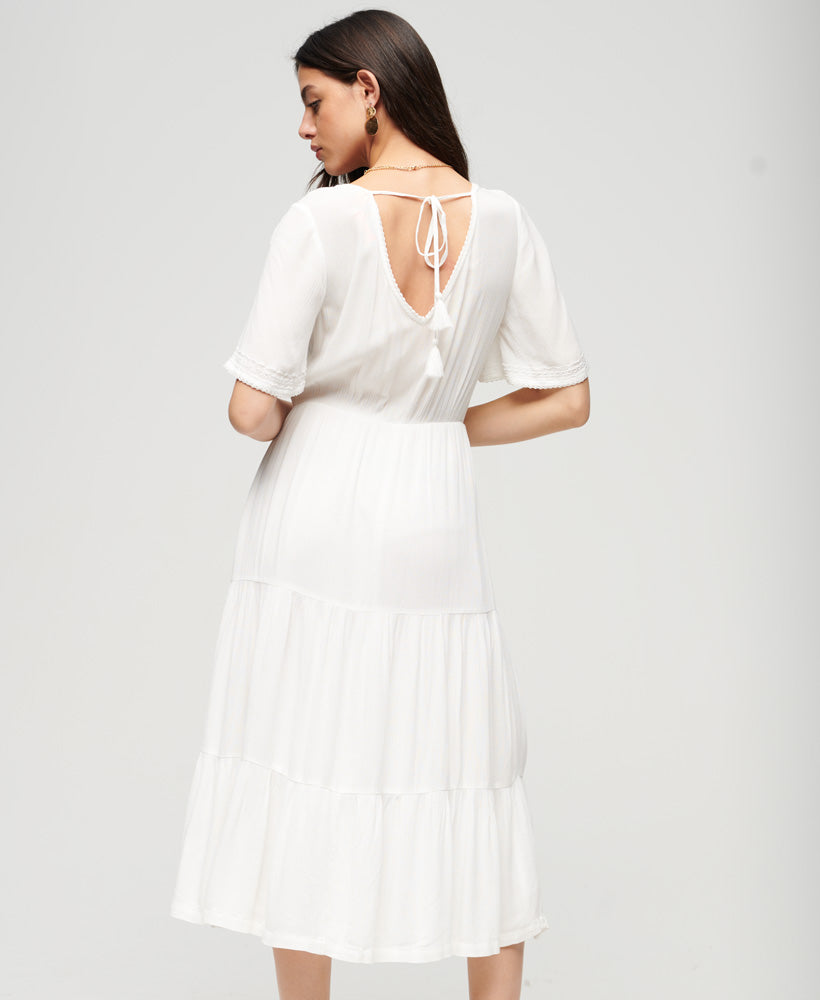 Embroidered Tiered Midi Dress - Off White - Superdry Singapore
