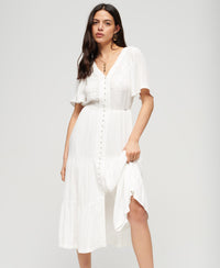 Embroidered Tiered Midi Dress - Off White - Superdry Singapore