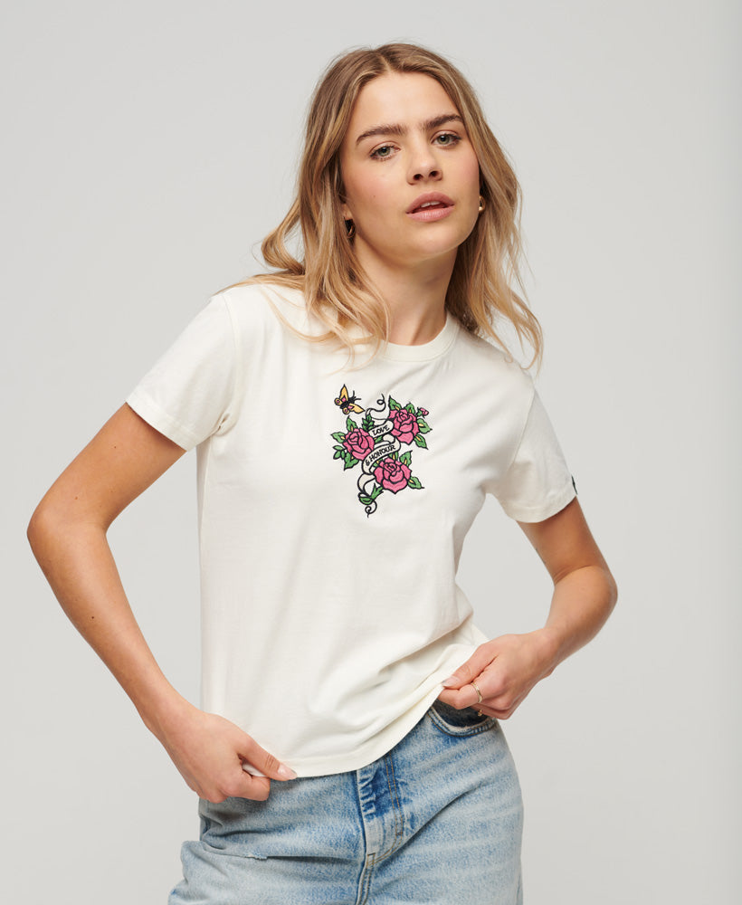 Tattoo Embroidered Fitted T-Shirt - Cream - Superdry Singapore