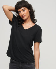 Slub Embroidered V-Neck T-Shirt - Black