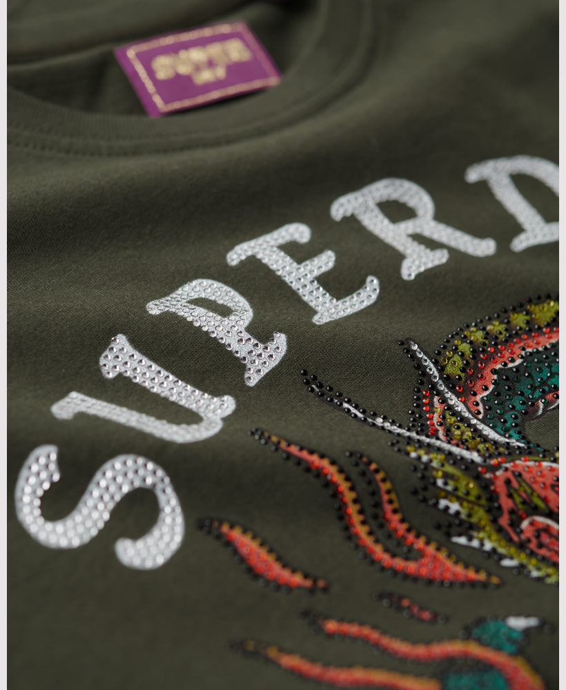 Tattoo Rhinestone T-Shirt - Army Khaki - Superdry Singapore