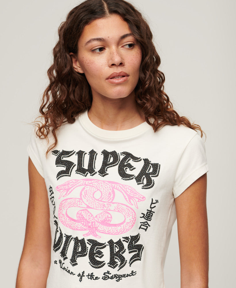 Embellished Poster Cap Sleeve T-Shirt - Ecru - Superdry Singapore