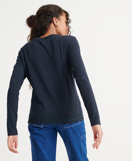 Graphic Lace Mix Long Sleeve Top - Navy - Superdry Singapore