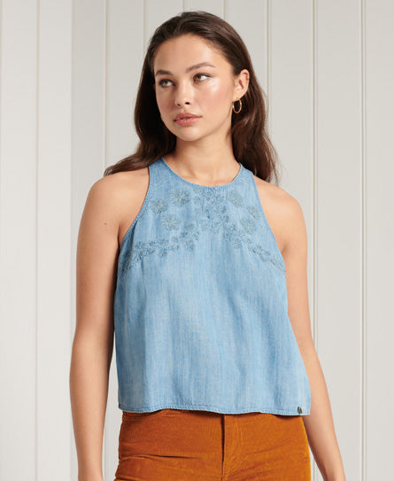Embroidered Cami Top - Blue - Superdry Singapore