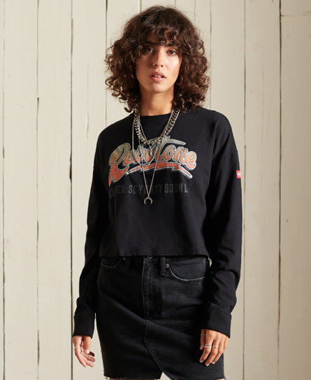 Boho Graphic Cropped Long-Sleeved Top-Black - Superdry Singapore