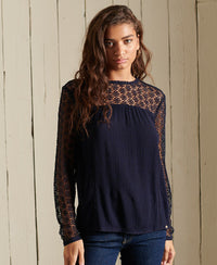 L/S Woven Lace Top-Navy - Superdry Singapore