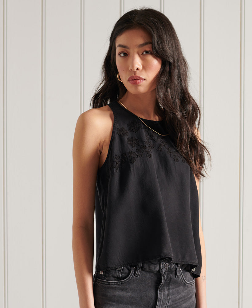 Embroidered Cami Top - Black - Superdry Singapore
