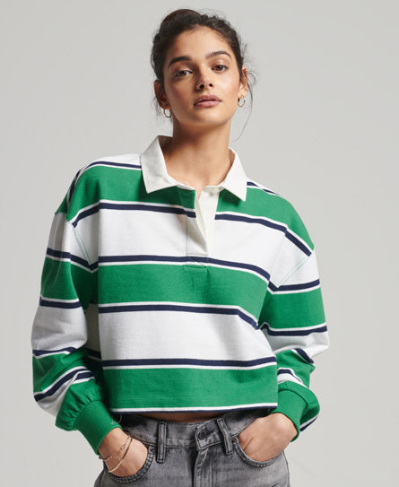 Vintage Cropped Long Sleeve Rugby Top - Green Stripe - Superdry Singapore
