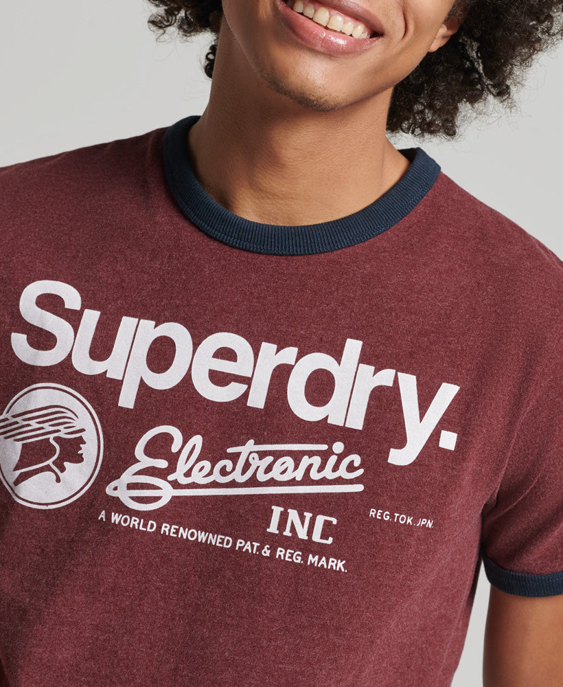 Core Logo Graphic Ringer T-Shirt - Track Burgundy Marl - Superdry Singapore