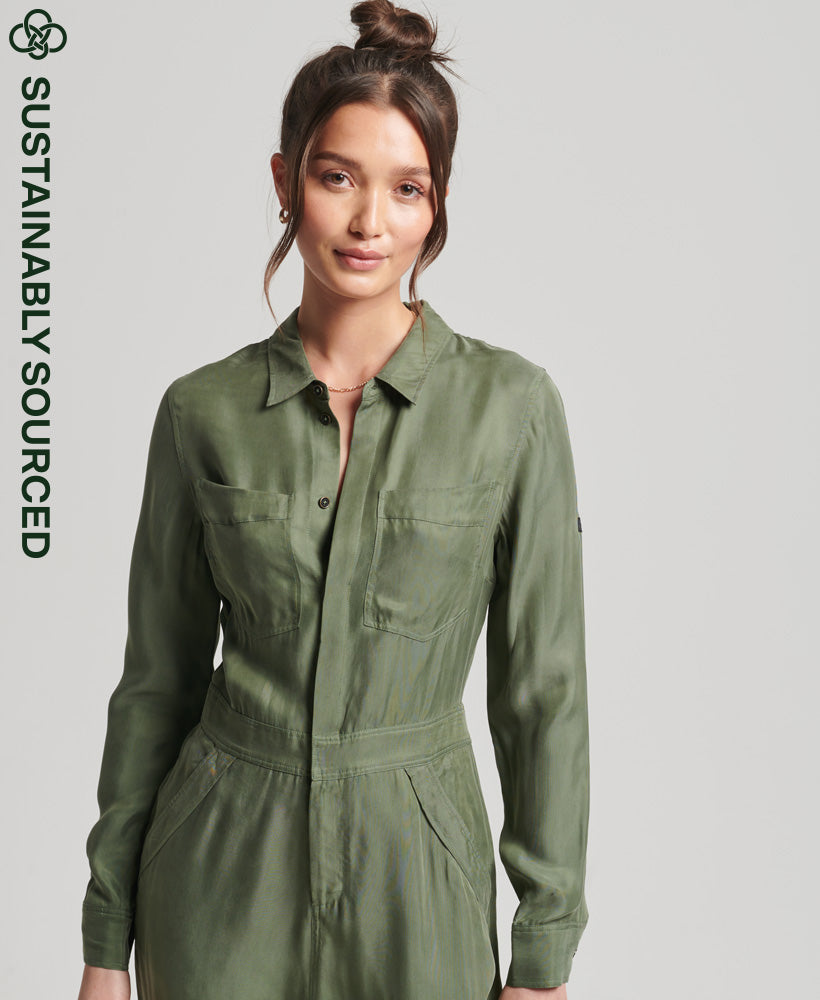 Cupro Long Sleeved Shirt Jumpsuit - Green - Superdry Singapore