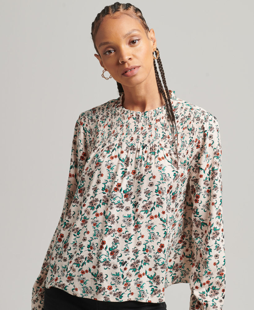 Smocked Long Sleeve Woven Top - Pink Floral - Superdry Singapore