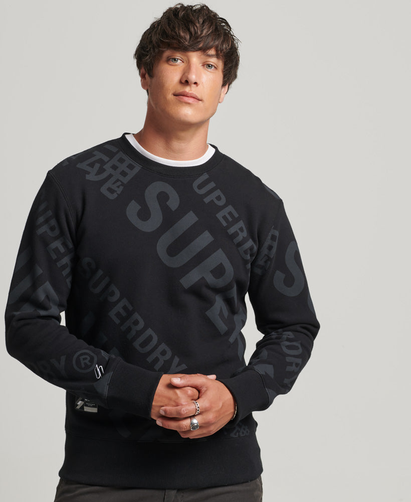All Over Print Logo Loose Crew Sweatshirt - Black - Superdry Singapore