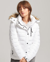 Faux Fur Short Hooded Puffer Jacket - White - Superdry Singapore