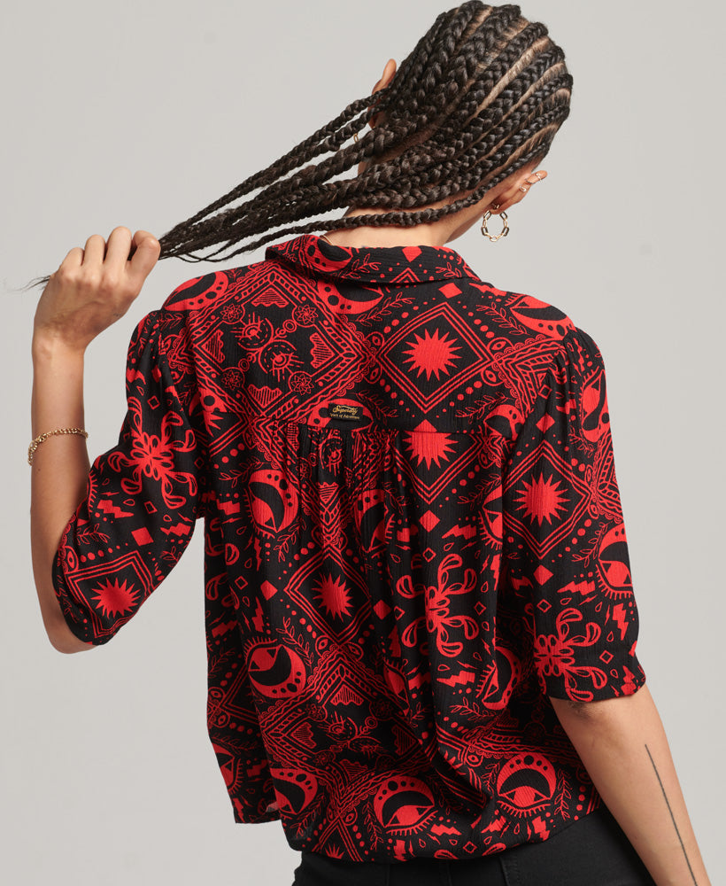 Ecovero Half-Length Sleeve Woven Top - Tarrot Print Red - Superdry Singapore