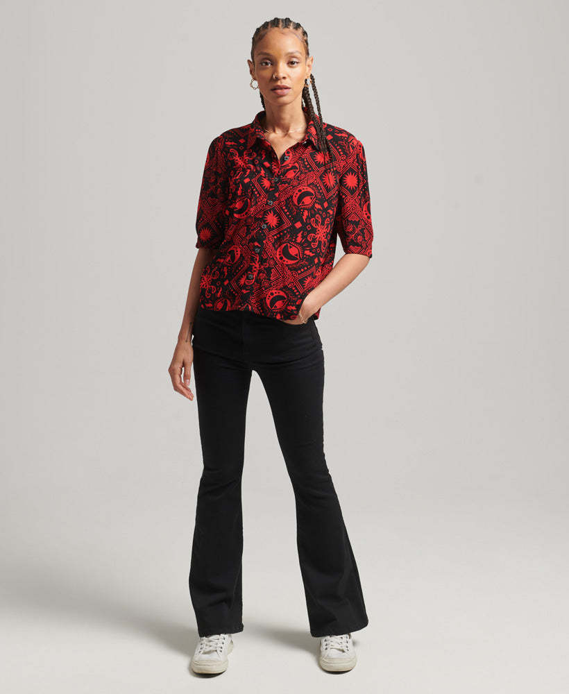 Ecovero Half-Length Sleeve Woven Top - Tarrot Print Red - Superdry Singapore