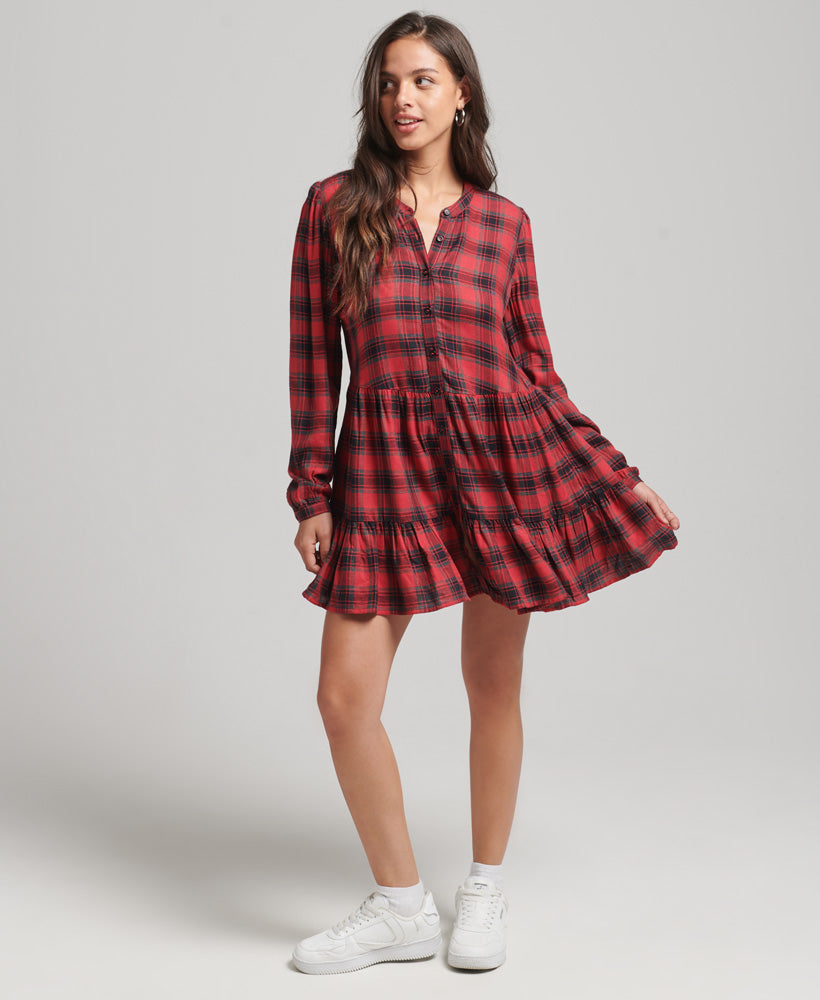 Jersey Button Mini Dress - Red Check - Superdry Singapore