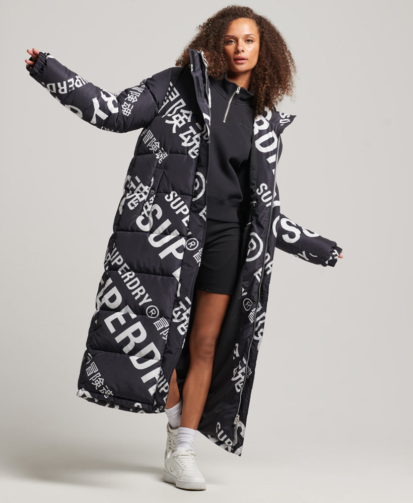 All Over Print Longline Puffer Jacket - Black - Superdry Singapore