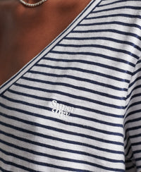 Slub Embroidered V-Neck T-Shirt - Navy Optic Stripe - Superdry Singapore