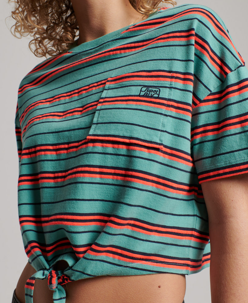 Organic Cotton Vintage Boxy Tie Front T-Shirt - Beryl Green Stripe - Superdry Singapore