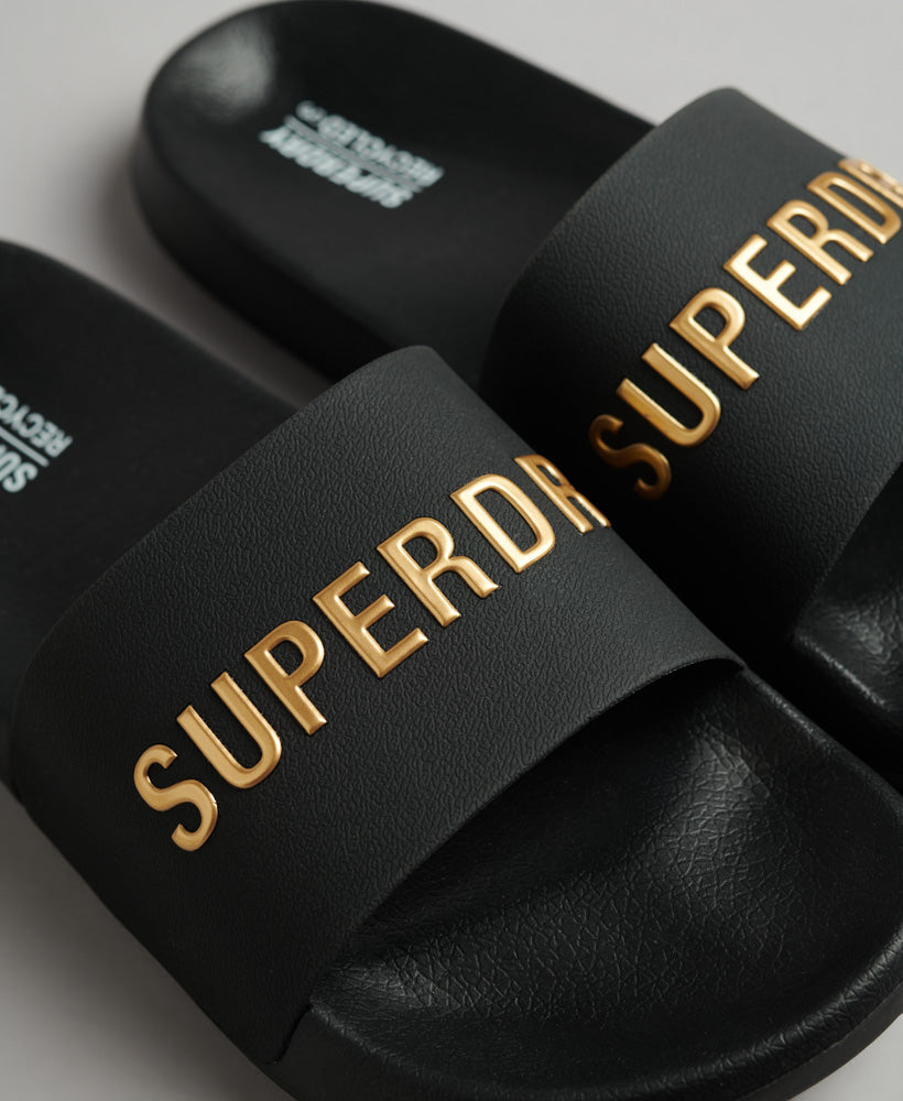 Men CODE Logo Pool Sliders - Black/Metallic Gold - Superdry Singapore
