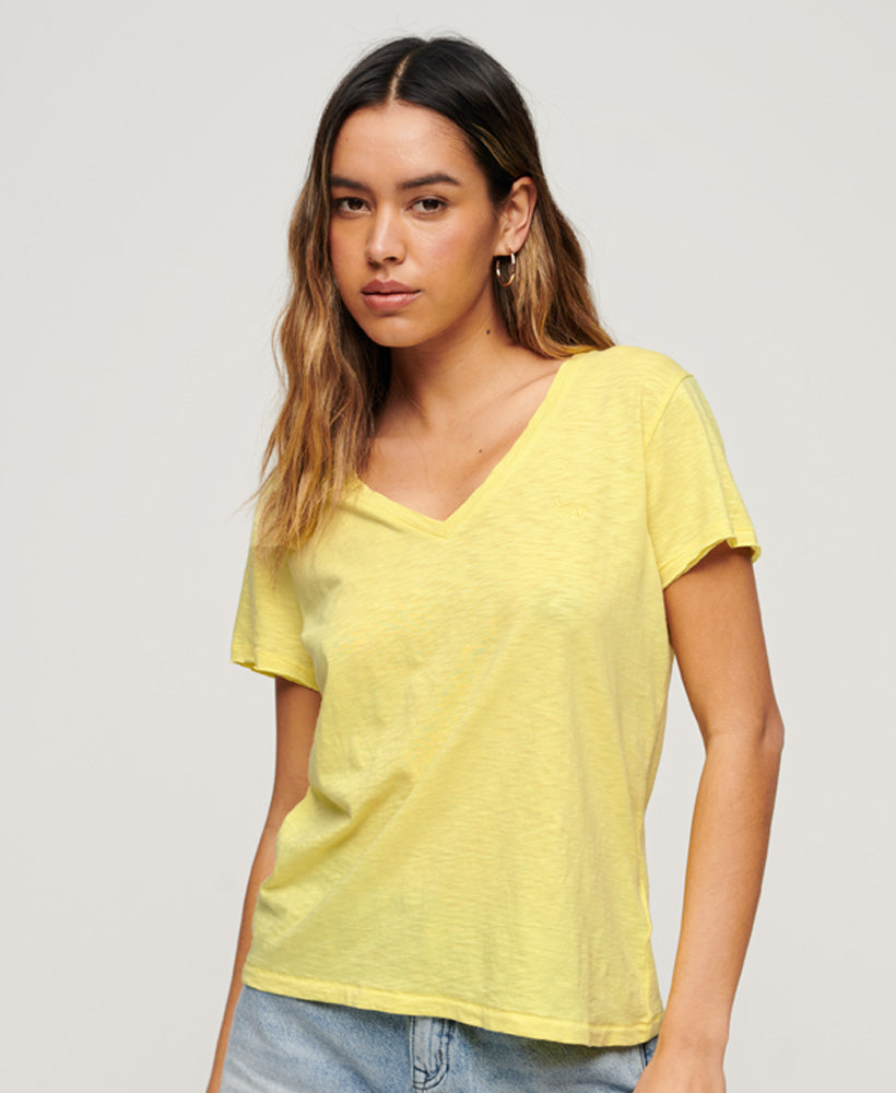 Slub Embroidered V-Neck T-Shirt - Fresh Lemon Yellow - Superdry Singapore
