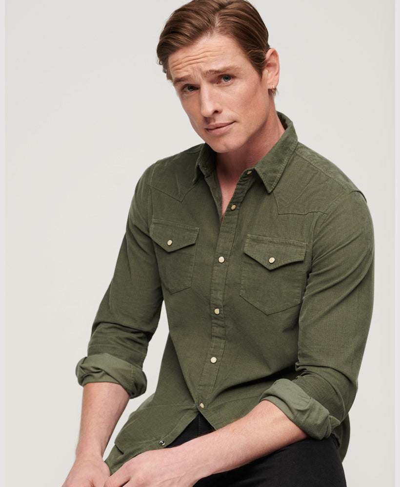 Western Long Sleeve Cord Shirt - Thyme Green - Superdry Singapore