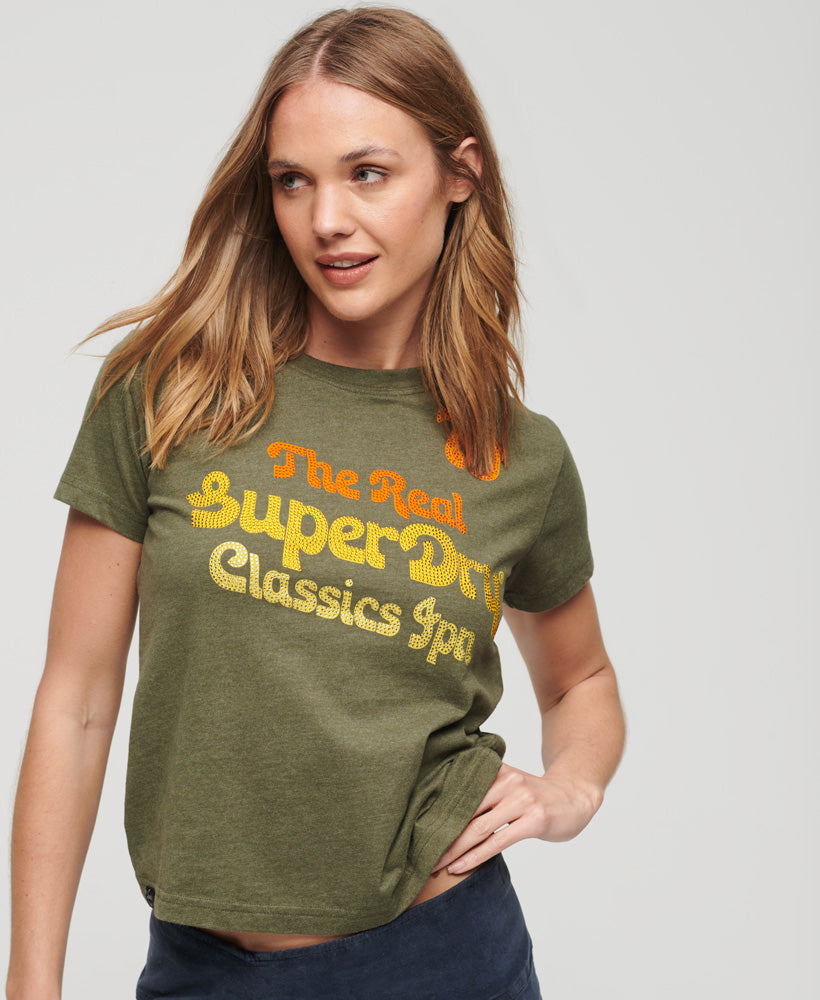 70's Script Metallic Logo T-Shirt - Khaki Marl - Superdry Singapore