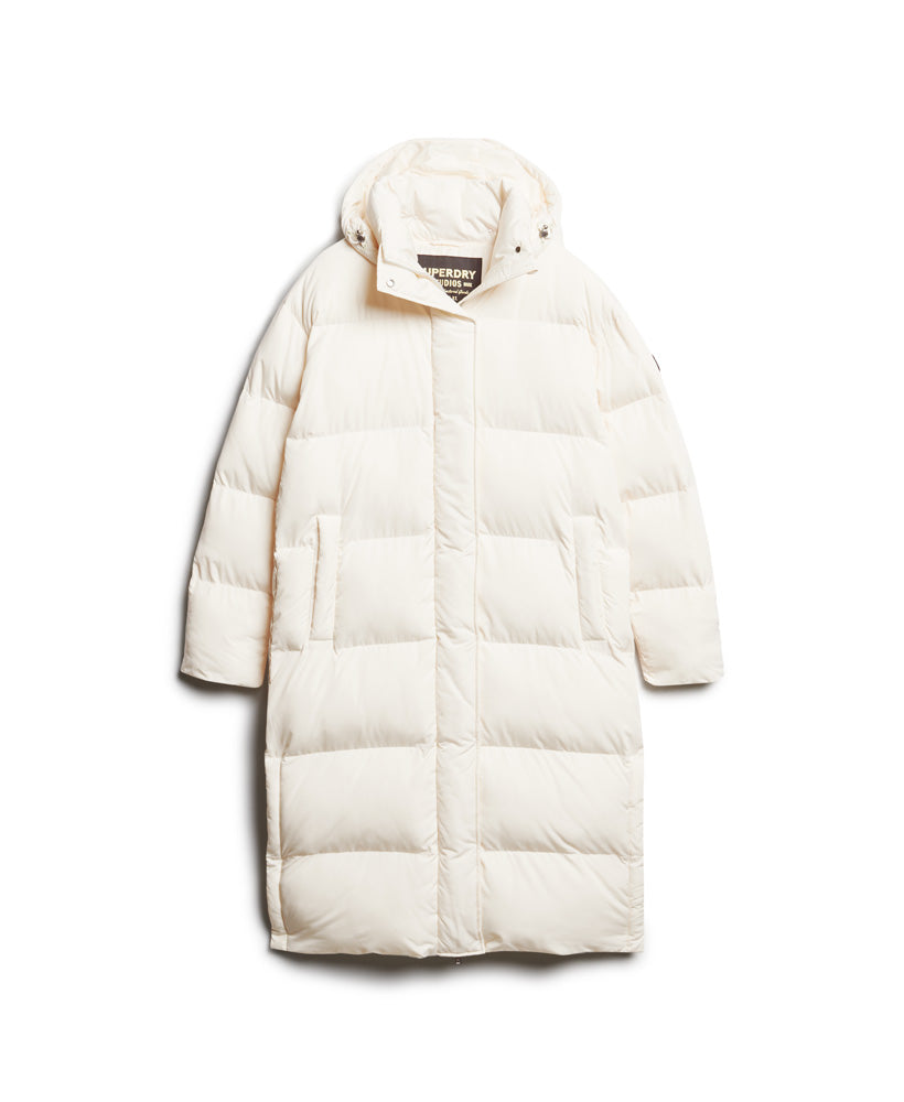 Hooded Longline Puffer Coat - Off White - Superdry Singapore