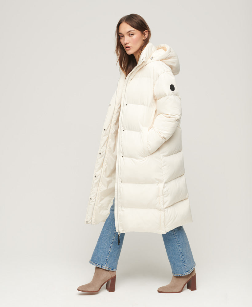Hooded Longline Puffer Coat - Off White - Superdry Singapore