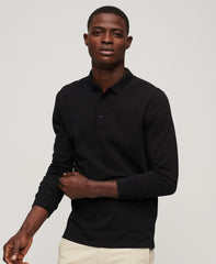 Long Sleeve Cotton Pique Polo Shirt - Black