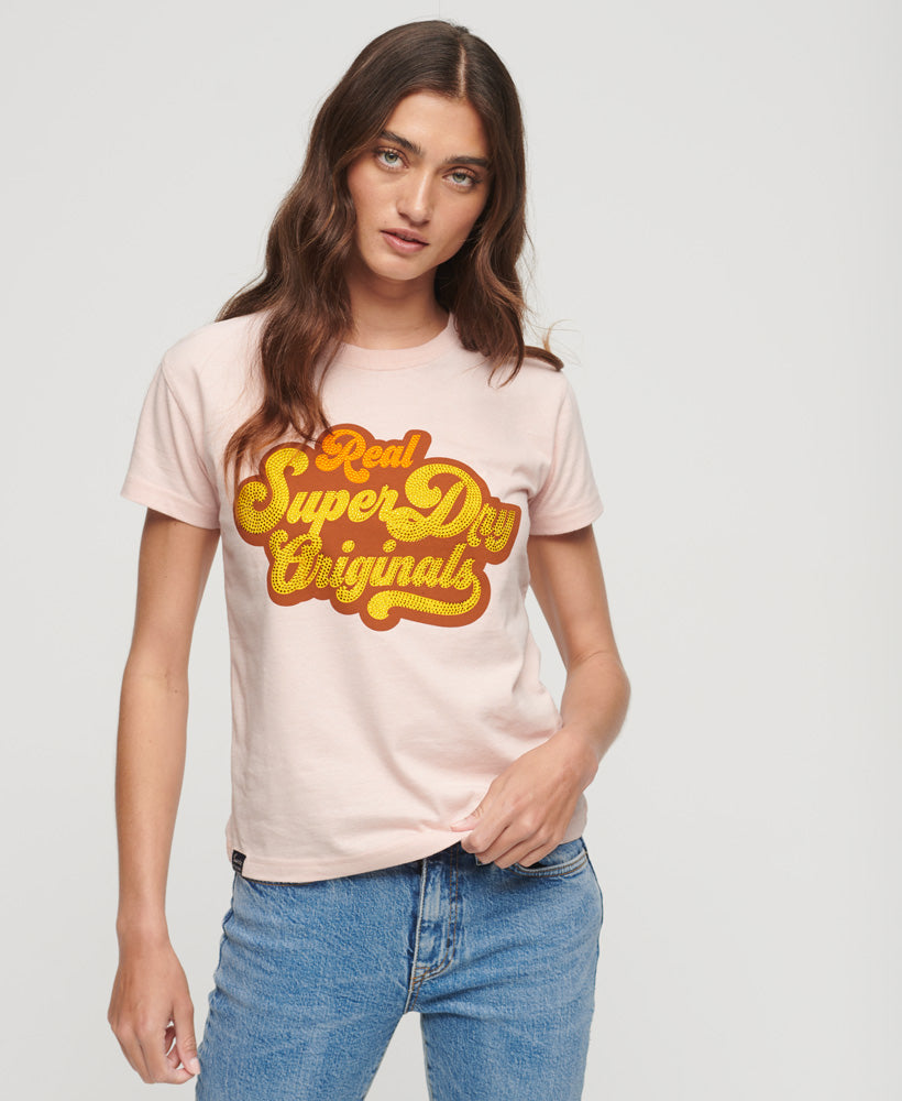 70s Script Metallic Logo T-Shirt - Somon Pink Marl - Superdry Singapore