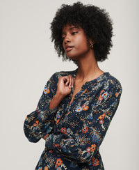 Long Sleeve Tiered Midi Dress - Blue Alma Floral Mix - Superdry Singapore