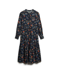 Long Sleeve Tiered Midi Dress - Blue Alma Floral Mix - Superdry Singapore