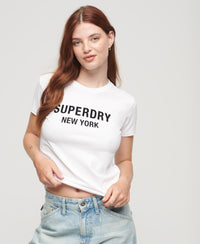 Sport Luxe Logo Fitted Cropped T-Shirt - Brilliant White/Black - Superdry Singapore